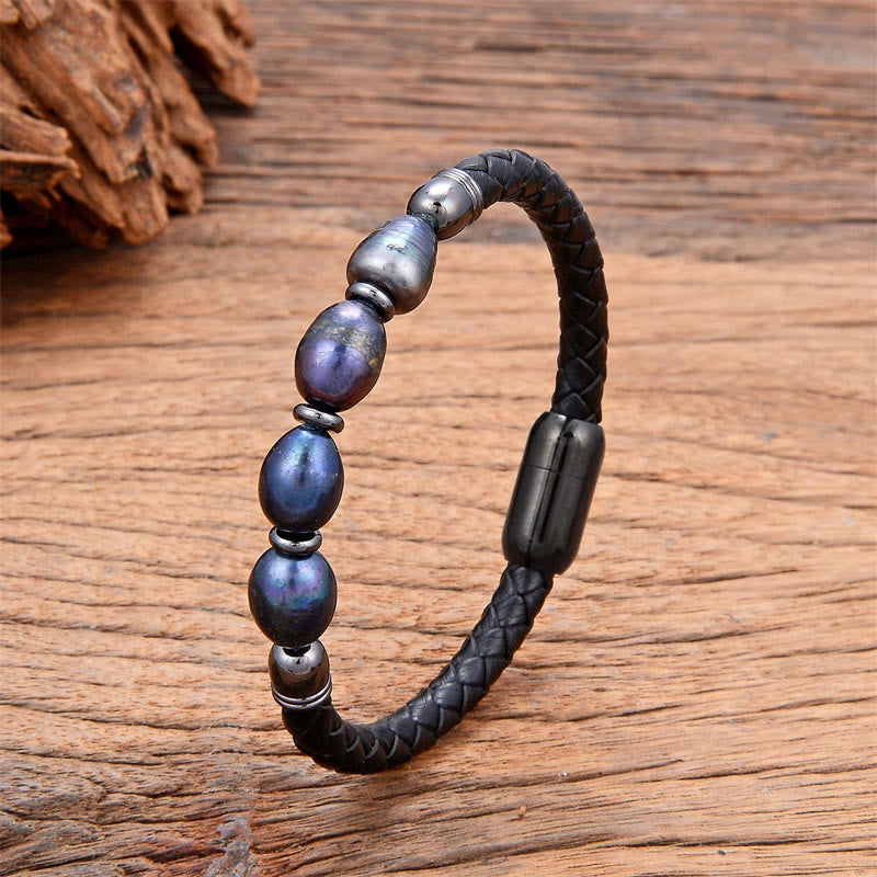 Buddha Stonesハンドメイド不規則な形の真珠のヒーリングレザーチタンスチールバックルブレスレット