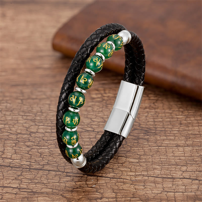 Buddha Stonesブラックオニキス ターコイズ タイガーアイ レッドアゲートオーム・マニ・パドメ・フム強さ レザーブレスレット