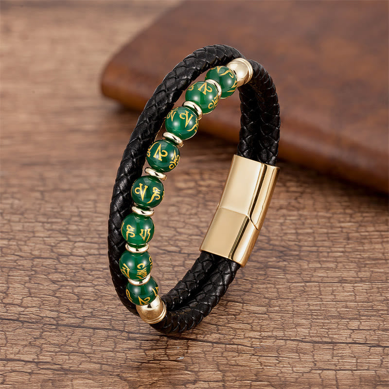 Buddha Stonesブラックオニキス ターコイズ タイガーアイ レッドアゲートオーム・マニ・パドメ・フム強さ レザーブレスレット