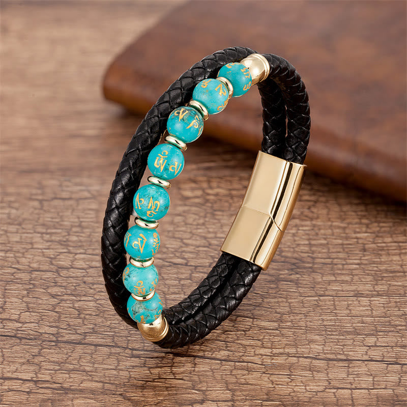 Buddha Stonesブラックオニキス ターコイズ タイガーアイ レッドアゲートオーム・マニ・パドメ・フム強さ レザーブレスレット