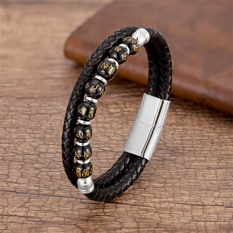 Buddha Stonesブラックオニキス ターコイズ タイガーアイ レッドアゲートオーム・マニ・パドメ・フム強さ レザーブレスレット