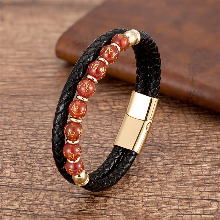 Buddha Stonesブラックオニキス ターコイズ タイガーアイ レッドアゲートオーム・マニ・パドメ・フム強さ レザーブレスレット