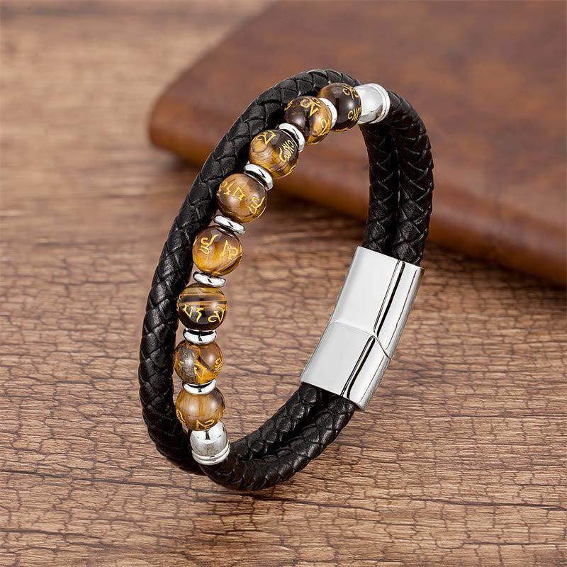 Buddha Stonesブラックオニキス ターコイズ タイガーアイ レッドアゲートオーム・マニ・パドメ・フム強さ レザーブレスレット
