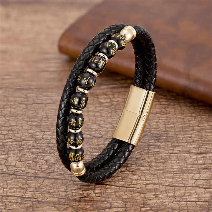Buddha Stonesブラックオニキス ターコイズ タイガーアイ レッドアゲートオーム・マニ・パドメ・フム強さ レザーブレスレット