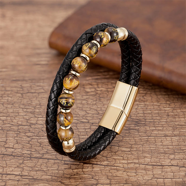 Buddha Stonesブラックオニキス ターコイズ タイガーアイ レッドアゲートオーム・マニ・パドメ・フム強さ レザーブレスレット