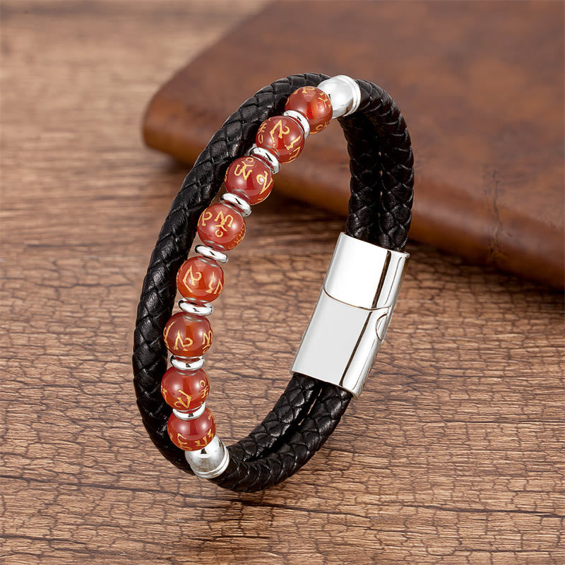 Buddha Stonesブラックオニキス ターコイズ タイガーアイ レッドアゲートオーム・マニ・パドメ・フム強さ レザーブレスレット