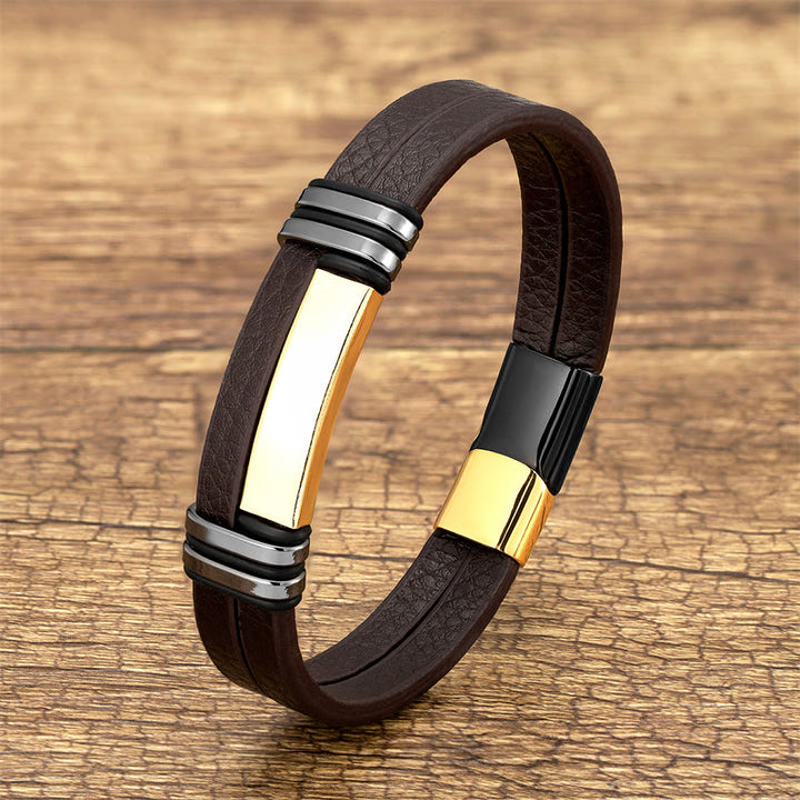 Buddha Stonesブラウンレザー チタンスチールバックル バランスブレスレット