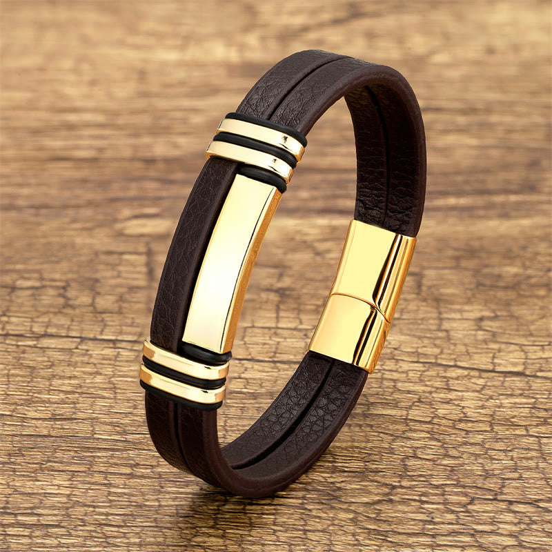 Buddha Stonesブラウンレザー チタンスチールバックル バランスブレスレット