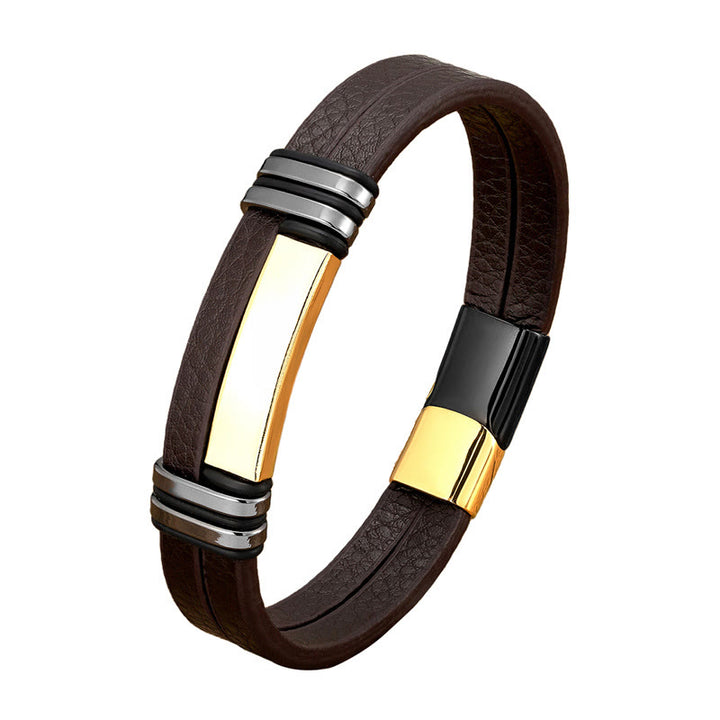 Buddha Stonesブラウンレザー チタンスチールバックル バランスブレスレット