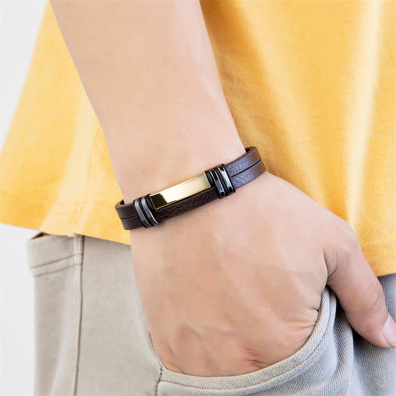Buddha Stonesブラウンレザー チタンスチールバックル バランスブレスレット