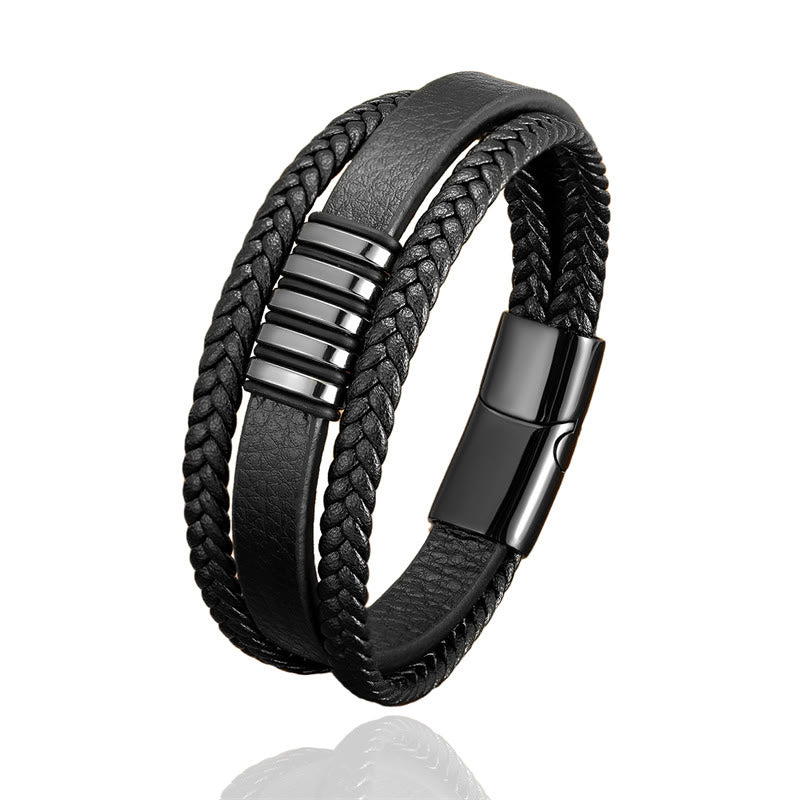 Buddha Stones多層レザーロープ チタン鋼バックル バランスブレスレット