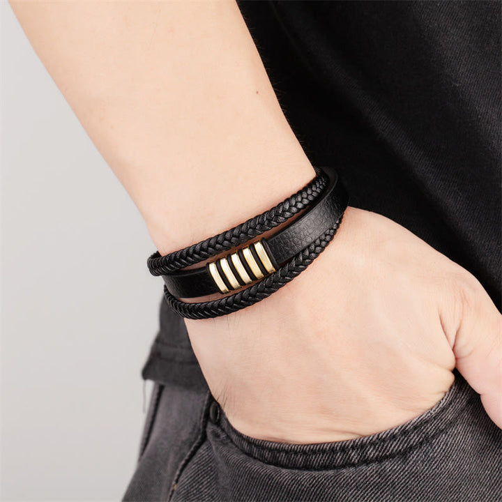 Buddha Stones多層レザーロープ チタン鋼バックル バランスブレスレット
