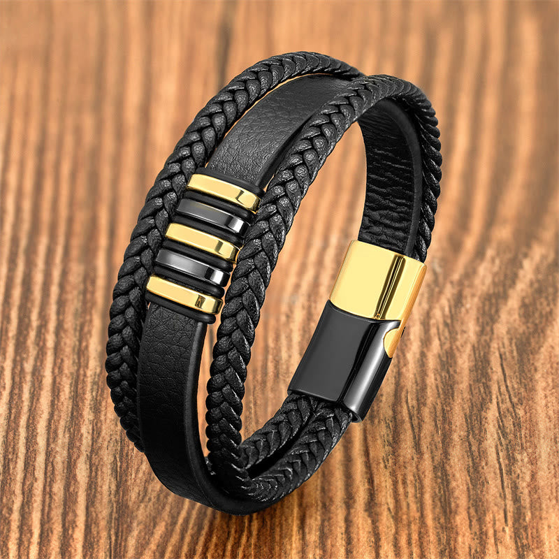 Buddha Stones多層レザーロープ チタン鋼バックル バランスブレスレット