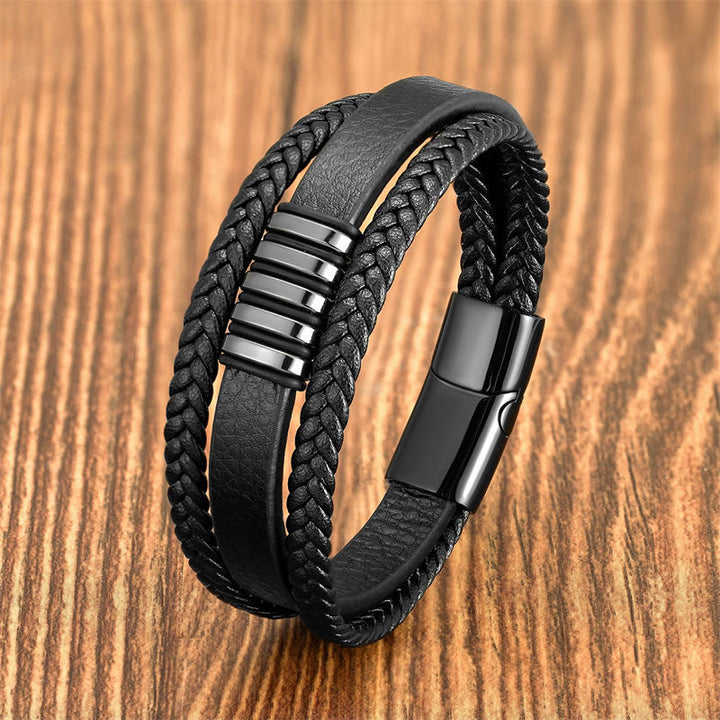 Buddha Stones多層レザーロープ チタン鋼バックル バランスブレスレット