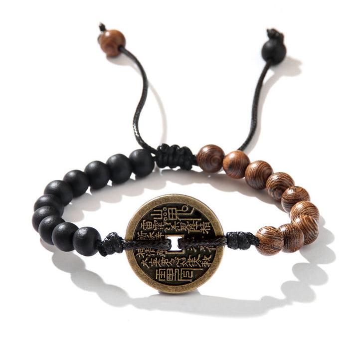 Buddha Stones、黒檀、ウェンジ材、山の幽霊、お金を使う八卦銅貨、平和のブレスレット