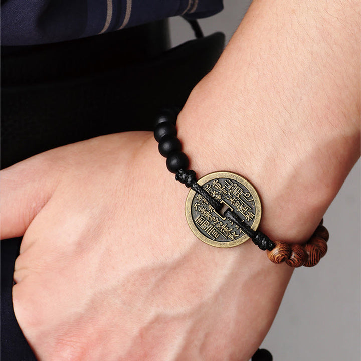 Buddha Stones、黒檀、ウェンジ材、山の幽霊、お金を使う八卦銅貨、平和のブレスレット