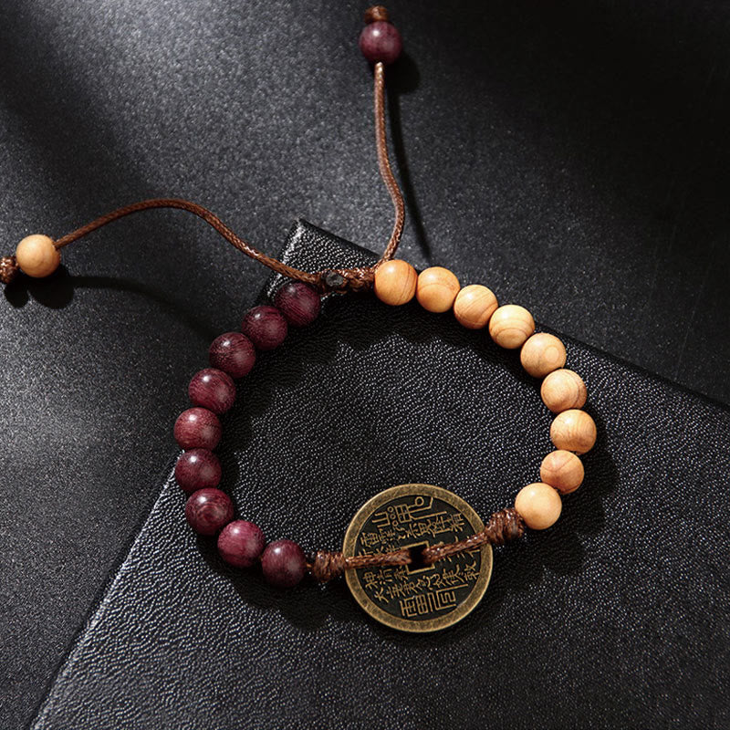 Buddha Stones、黒檀、ウェンジ材、山の幽霊、お金を使う八卦銅貨、平和のブレスレット