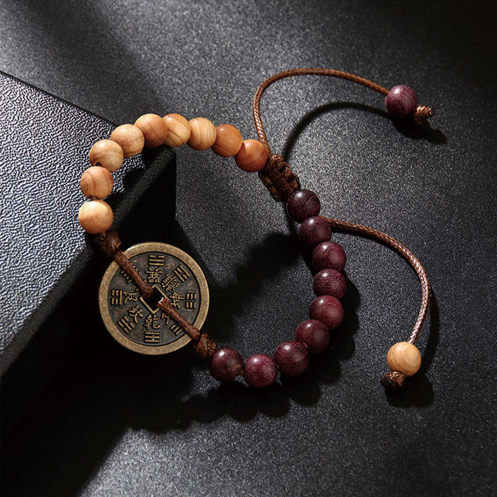 Buddha Stones、黒檀、ウェンジ材、山の幽霊、お金を使う八卦銅貨、平和のブレスレット