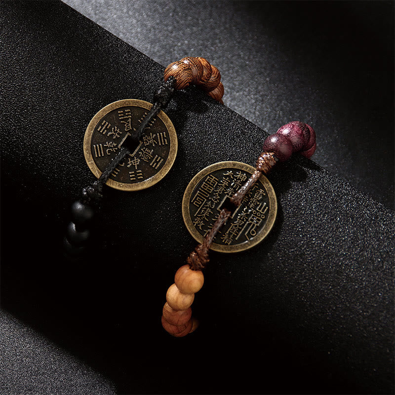 Buddha Stones、黒檀、ウェンジ材、山の幽霊、お金を使う八卦銅貨、平和のブレスレット