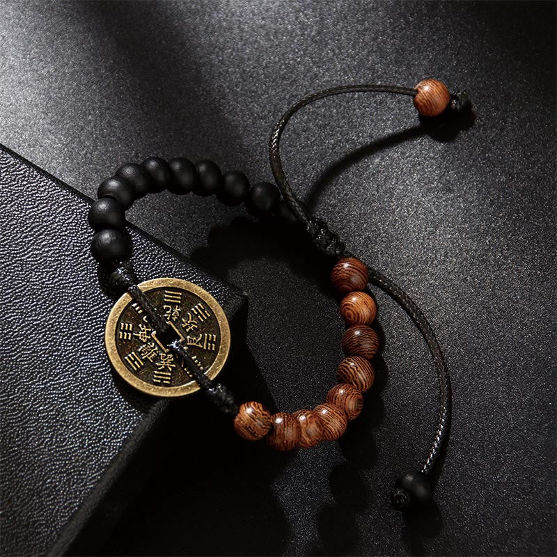 Buddha Stones、黒檀、ウェンジ材、山の幽霊、お金を使う八卦銅貨、平和のブレスレット
