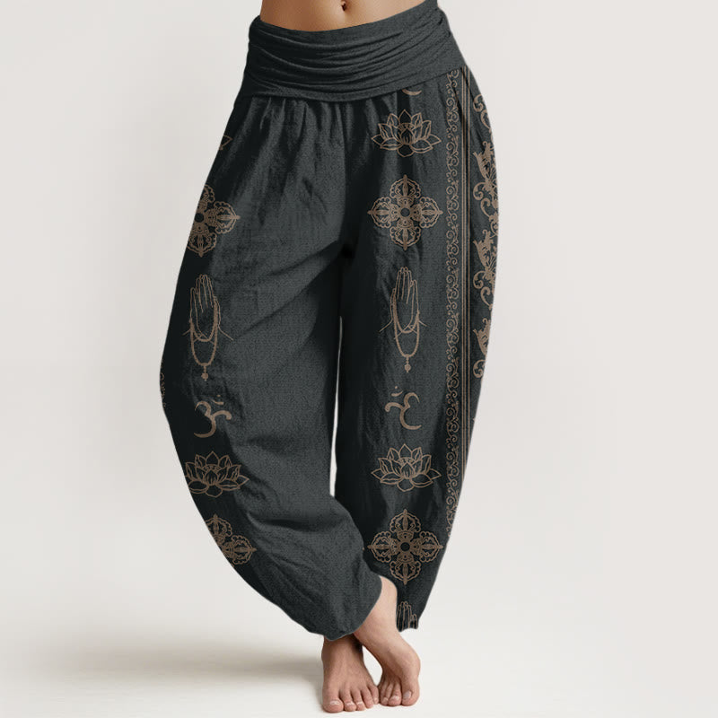 Buddha Stonesコットン蓮の花ダブルドルジェヴァジュラナマステオムデザインレディース伸縮性ウエストハーレムパンツ - 黒 - US22、 UK/AU26、 EU54 (6XL) - image 0