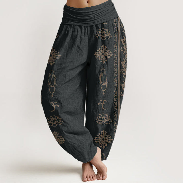 Buddha Stonesコットン蓮の花ダブルドルジェヴァジュラナマステオムデザインレディース伸縮性ウエストハーレムパンツ - 黒 - US22、 UK/AU26、 EU54 (6XL) - image 0