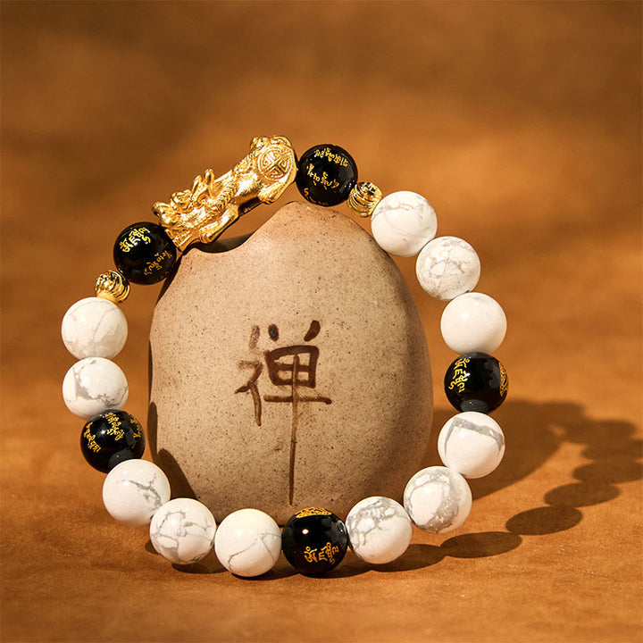 Buddha Stonesヴィンテージ ホワイトターコイズ ブラックオニキスPiXiuビーズ 祝福ブレスレット