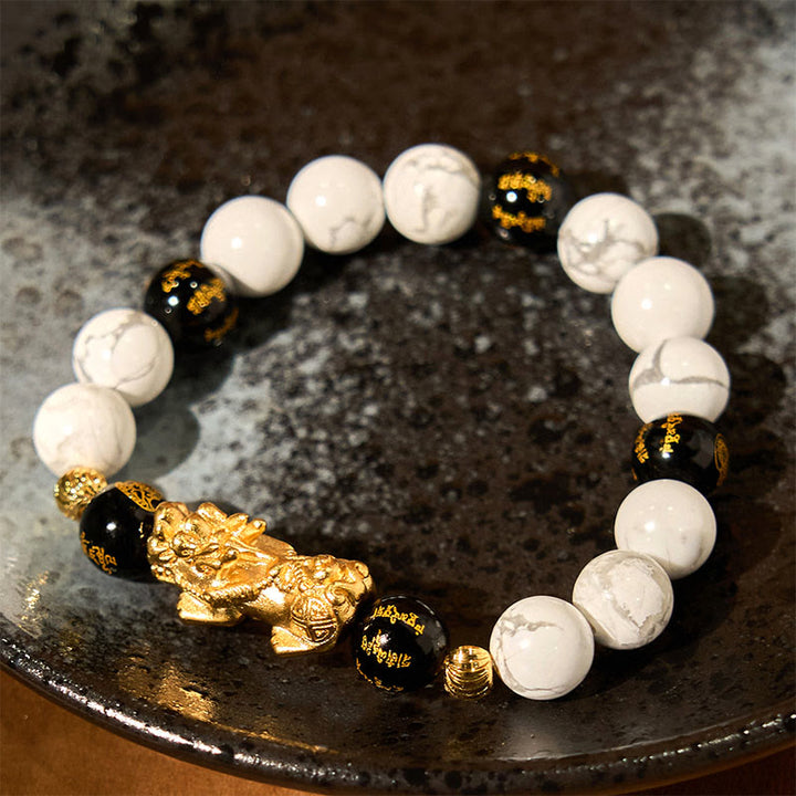 Buddha Stonesヴィンテージ ホワイトターコイズ ブラックオニキスPiXiuビーズ 祝福ブレスレット