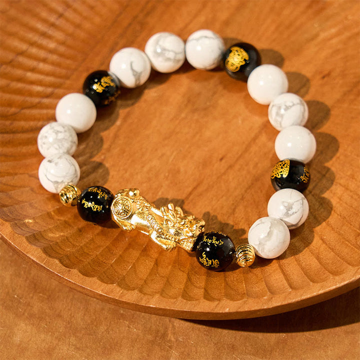 Buddha Stonesヴィンテージ ホワイトターコイズ ブラックオニキスPiXiuビーズ 祝福ブレスレット