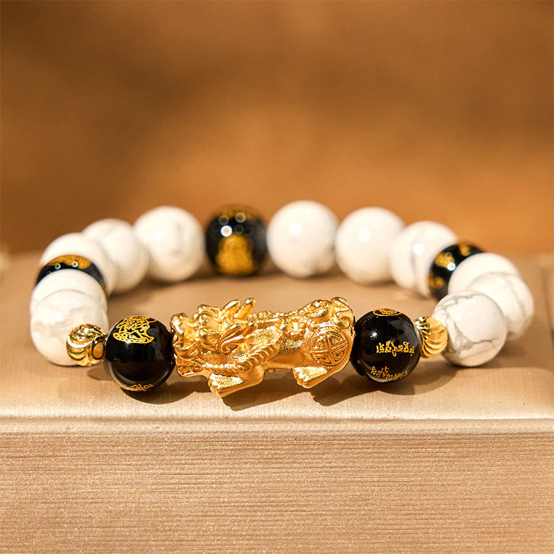 Buddha Stonesヴィンテージ ホワイトターコイズ ブラックオニキスPiXiuビーズ 祝福ブレスレット