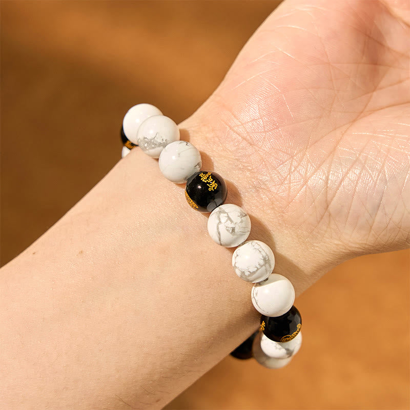 Buddha Stonesヴィンテージ ホワイトターコイズ ブラックオニキスPiXiuビーズ 祝福ブレスレット