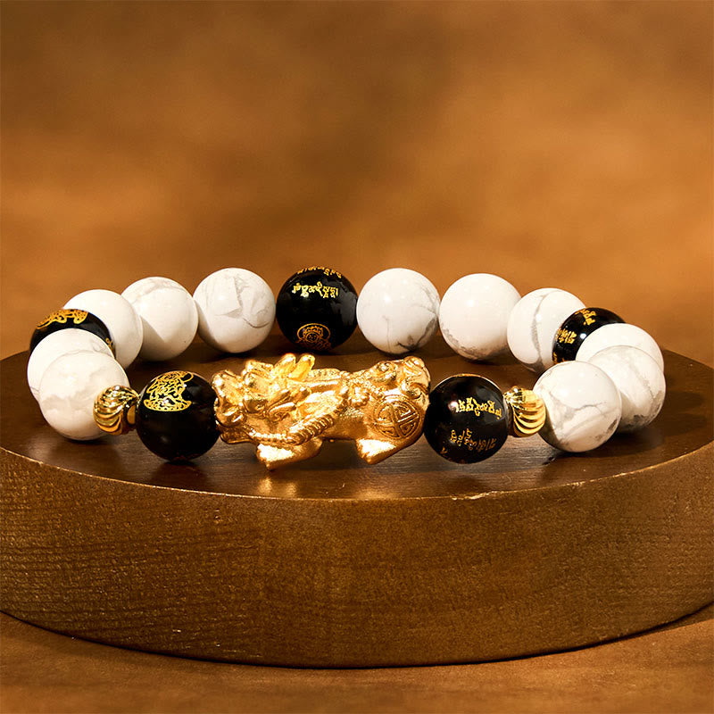 Buddha Stonesヴィンテージ ホワイトターコイズ ブラックオニキスPiXiuビーズ 祝福ブレスレット