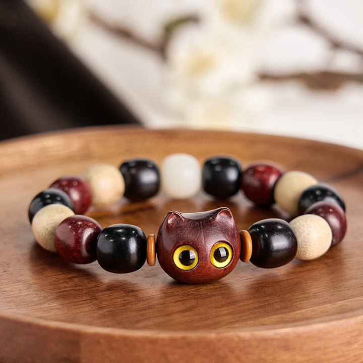 Buddha Stones小葉紫檀黒檀かわいい猫 彫刻守護ブレスレット - image 2