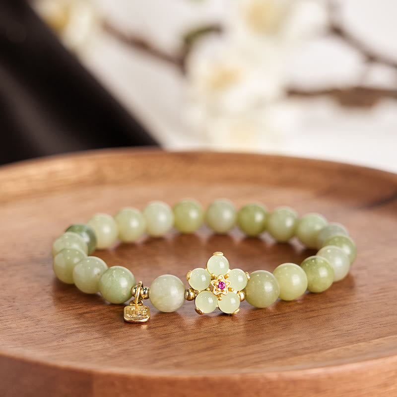 Buddha Stones 緑翡翠 花モチーフ 福チャーム 幸運 ブレスレット