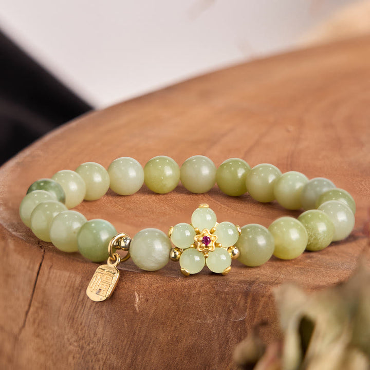 Buddha Stones 緑翡翠 花モチーフ 福チャーム 幸運 ブレスレット