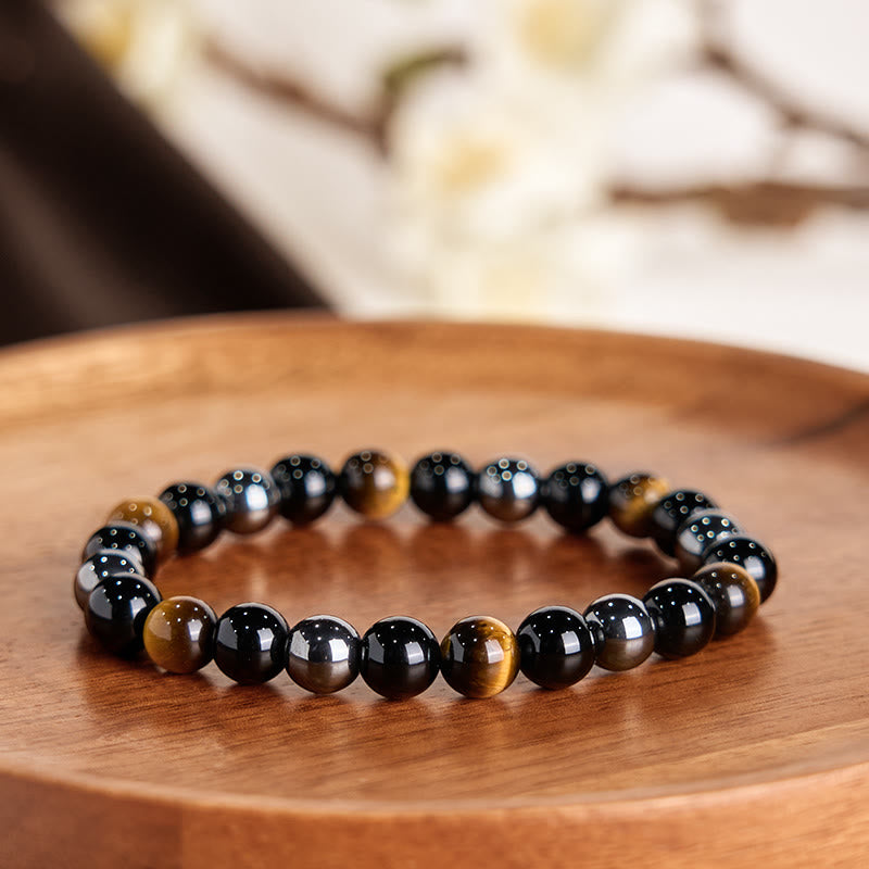 Buddha Stones天然タイガーアイオブシディアンヘマタイトポジティブパワフルブレスレット