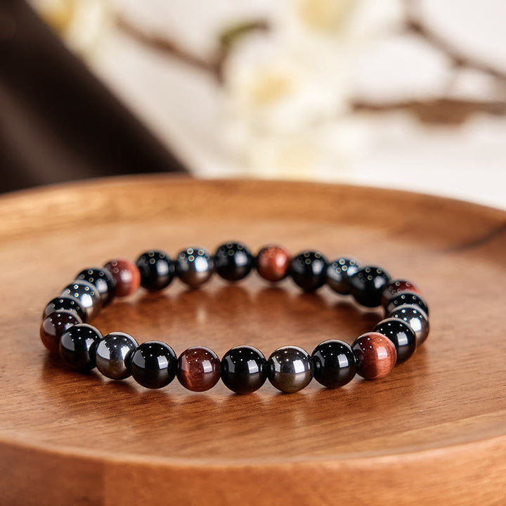 Buddha Stones天然タイガーアイオブシディアンヘマタイトポジティブパワフルブレスレット