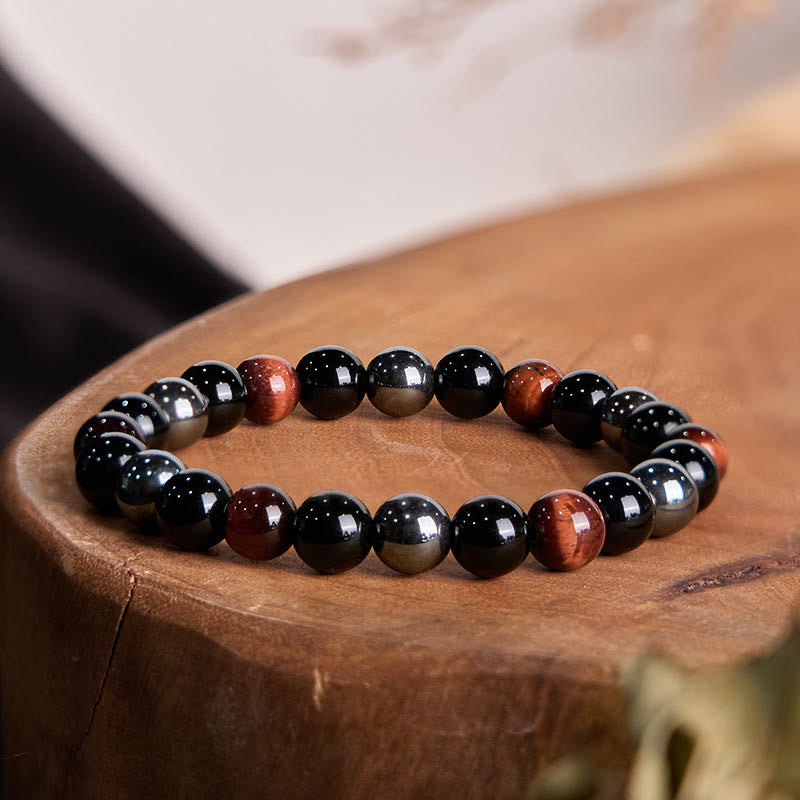 Buddha Stones天然タイガーアイオブシディアンヘマタイトポジティブパワフルブレスレット