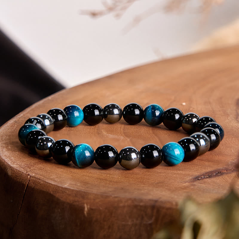 Buddha Stones天然タイガーアイオブシディアンヘマタイトポジティブパワフルブレスレット