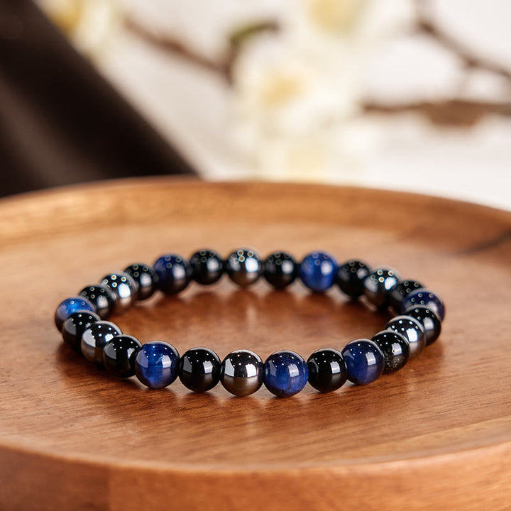 Buddha Stones天然タイガーアイオブシディアンヘマタイトポジティブパワフルブレスレット