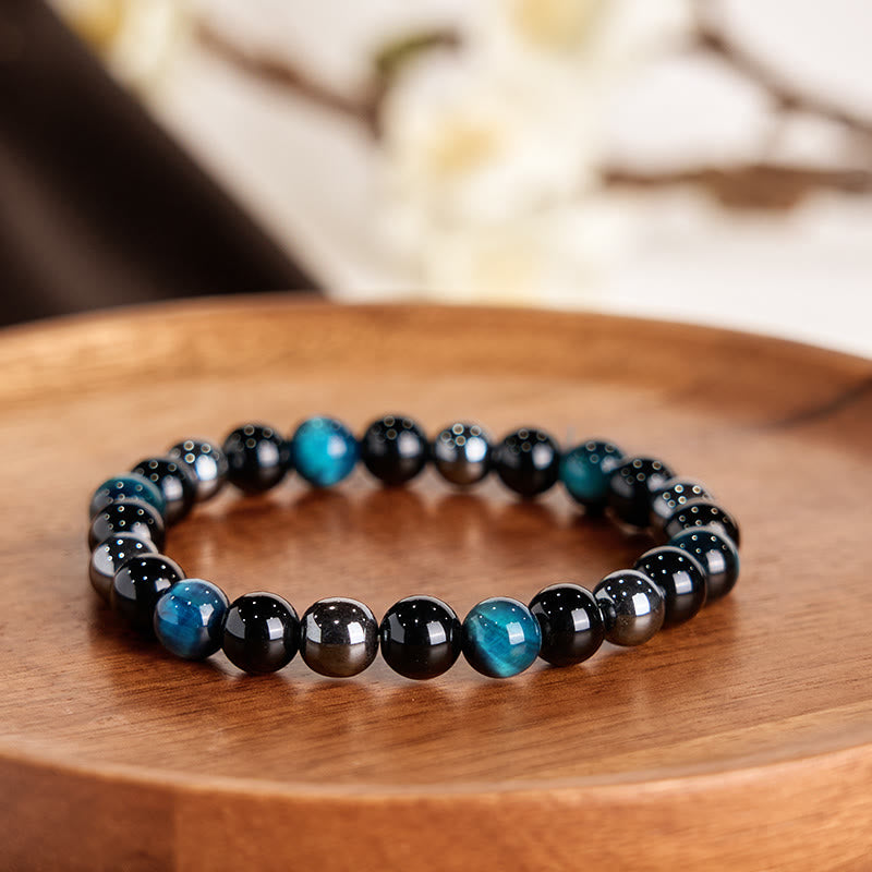Buddha Stones天然タイガーアイオブシディアンヘマタイトポジティブパワフルブレスレット
