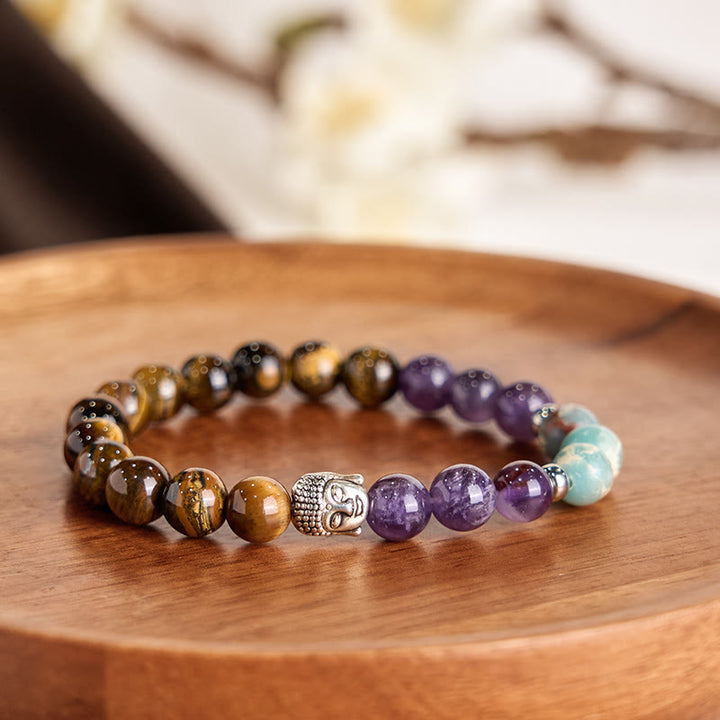 Buddha Stones天然ブラックオニキス ホワイトストーン グリーンアベンチュリン タイガーアイアゲート ミックスカラー 仏陀頭守護ブレスレット