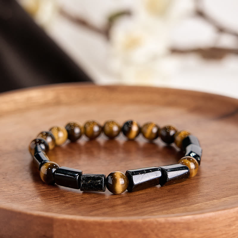 Buddha Stones天然ブラックトルマリン タイガーアイ ポジティブブレスレット