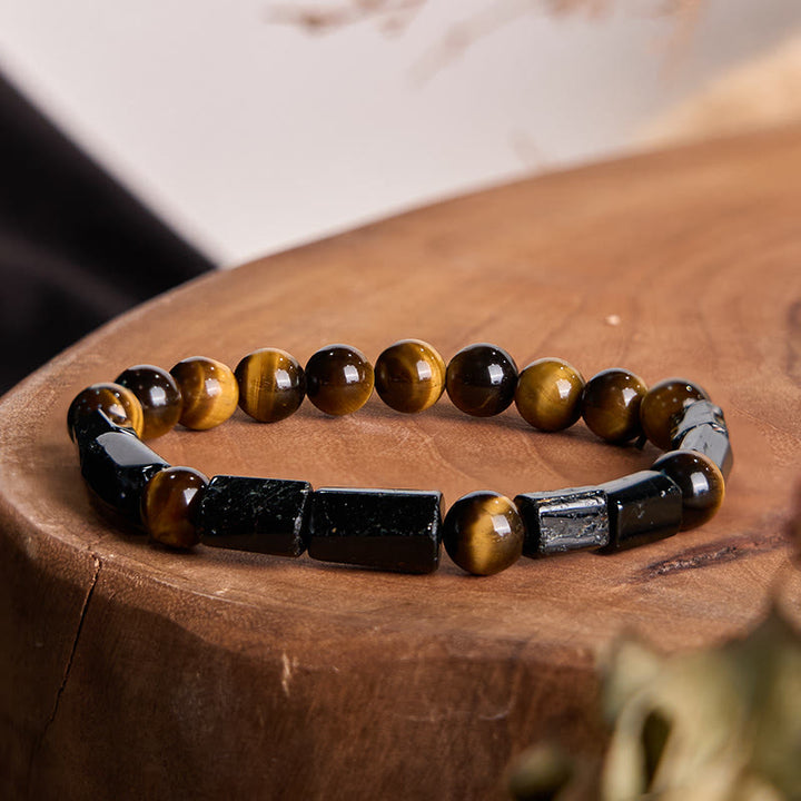 Buddha Stones天然ブラックトルマリン タイガーアイ ポジティブブレスレット