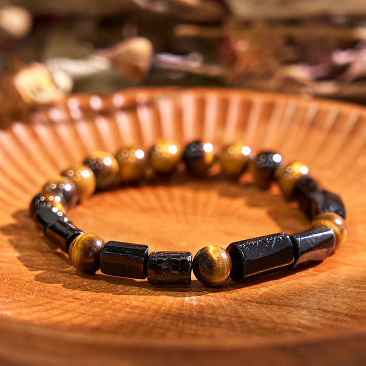 Buddha Stones天然ブラックトルマリン タイガーアイ ポジティブブレスレット