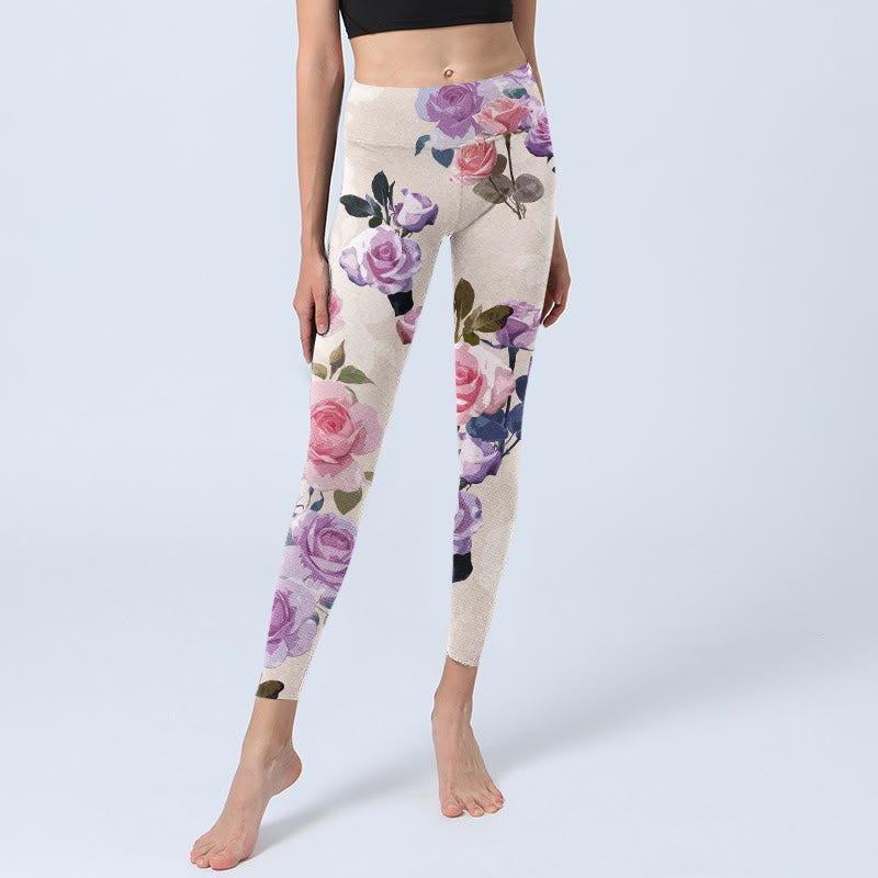 Buddha Stonesベージュ ローズフラワープリント ジムレギンス レディース ヨガパンツ - image 6