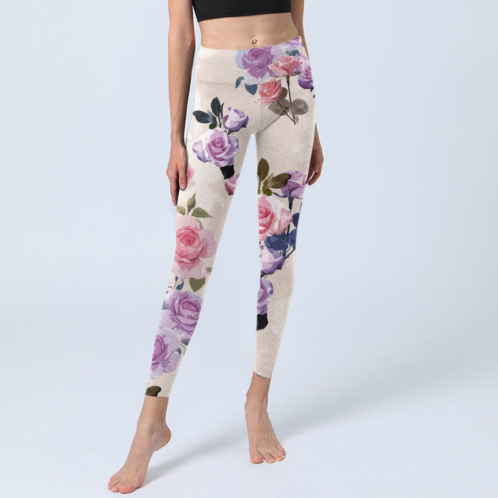 Buddha Stonesベージュ ローズフラワープリント ジムレギンス レディース ヨガパンツ - image 6