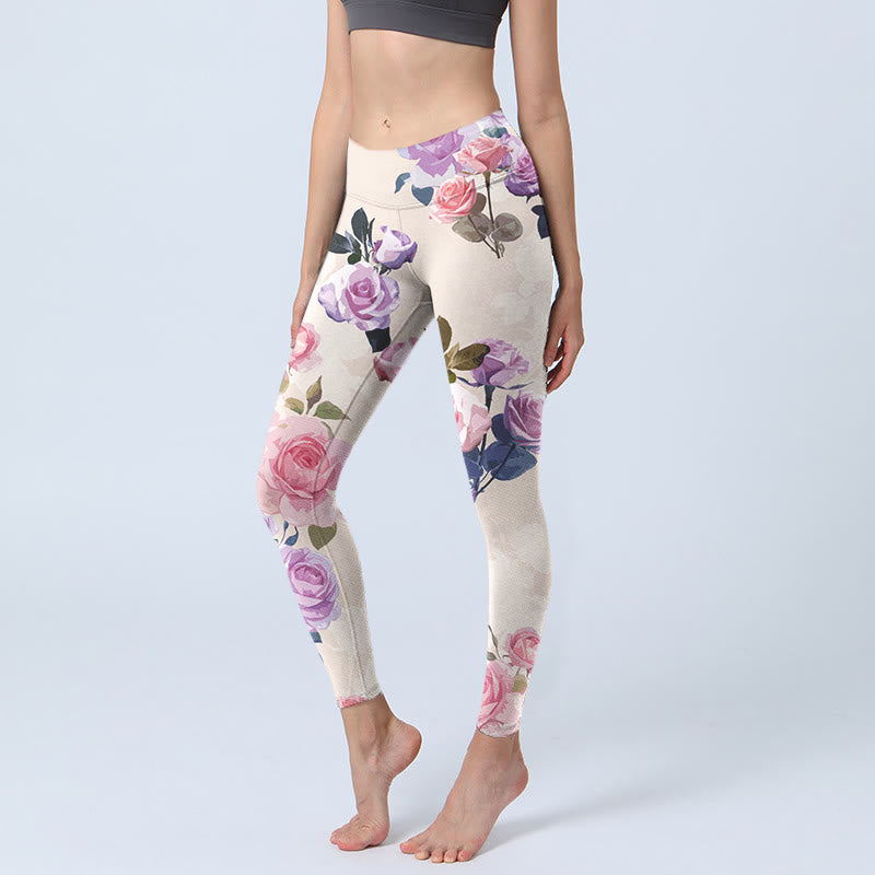 Buddha Stonesベージュ ローズフラワープリント ジムレギンス レディース ヨガパンツ - ベージュ - US18、 UK/AU22、 EU50 (4XL) - image 1