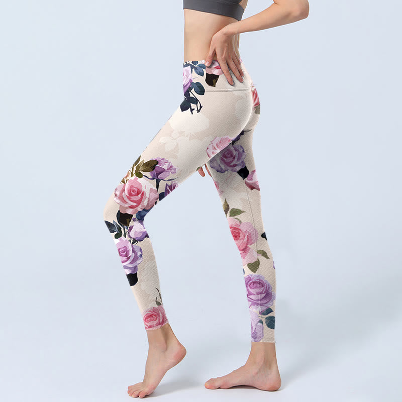 Buddha Stonesベージュ ローズフラワープリント ジムレギンス レディース ヨガパンツ - image 3