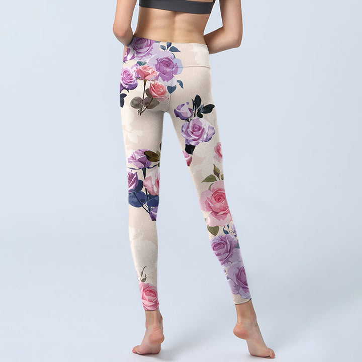 Buddha Stonesベージュ ローズフラワープリント ジムレギンス レディース ヨガパンツ - image 7